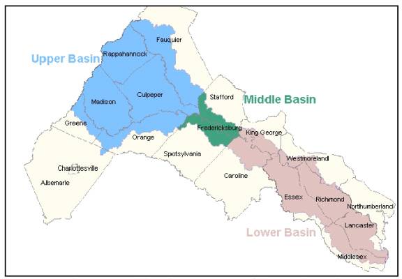 Upper, middle, and lower sections of the Rappahanock River Basin