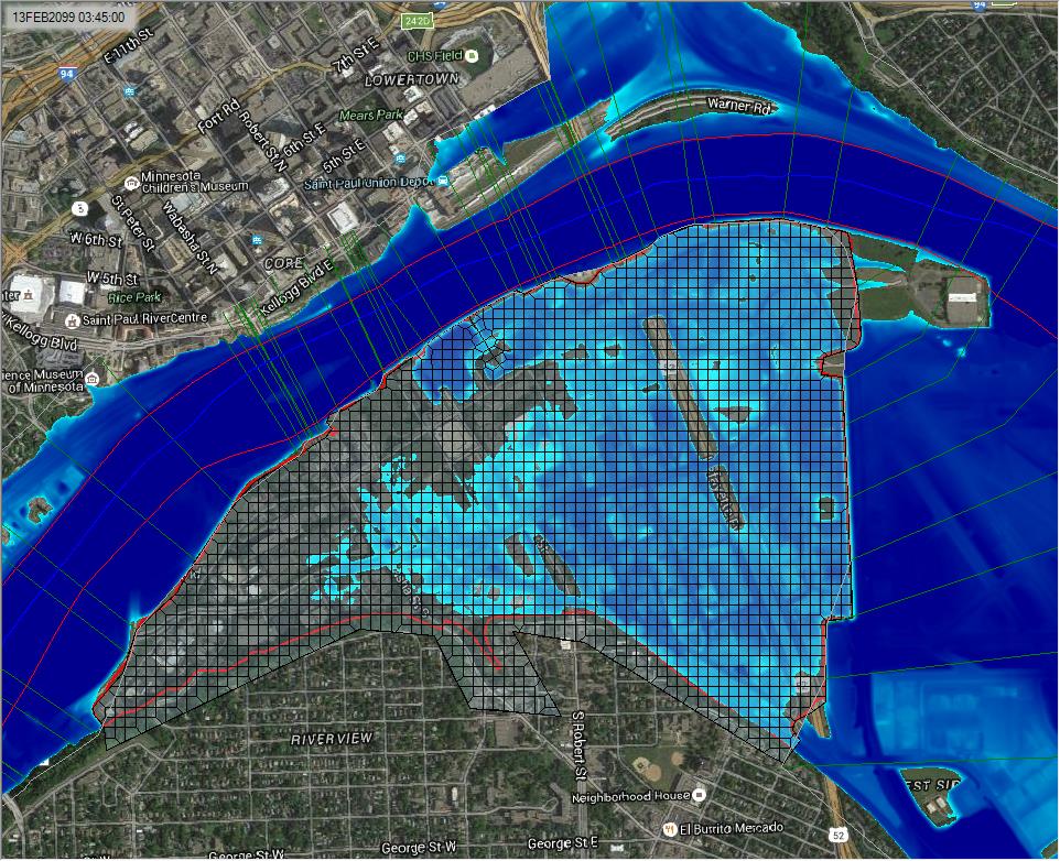 Example of a combined one-dimensional/two-dimensional HEC-RAS model for evaluating levee safety.