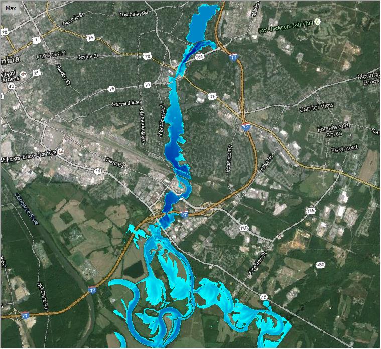 Example of a small dam breaching analysis for flooding in South Carolina.
