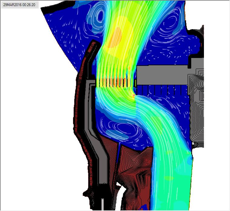 Example HEC-RAS two-dimensional model of the 17th Street outfall structure in New Orleans showing inundation areas and velocities, with velocity tracers for improved visualization. 