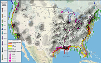 Graphic of Observed sea-level trends (NOAA), Coastal Vulnerability Index (USGS), USACE Projects, and Port  Tonnage on map of Population Density (Census)