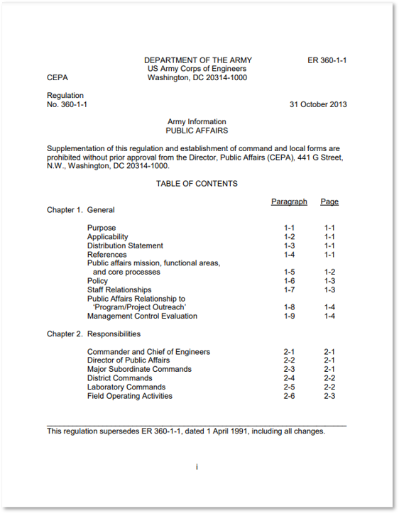 Cover of Engineering Regulation ER 360-1-1-, Public Affairs