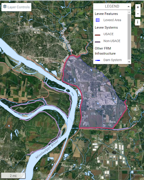 A levee map along the Mississippi River